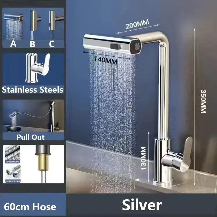 Grey/Silver Pull Out Kitchen Faucet, Flexible Hot and Cold Water Kitchen Sink Mixer Faucet Deck Mounted with Stream Shower Mode