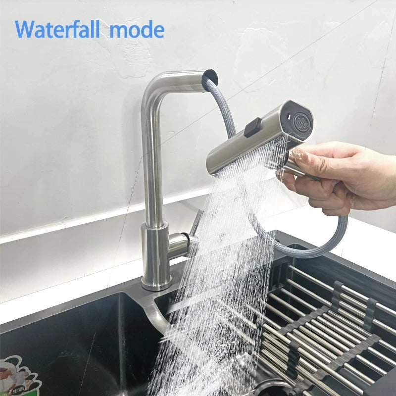 Grey/Silver Pull Out Kitchen Faucet, Flexible Hot and Cold Water Kitchen Sink Mixer Faucet Deck Mounted with Stream Shower Mode