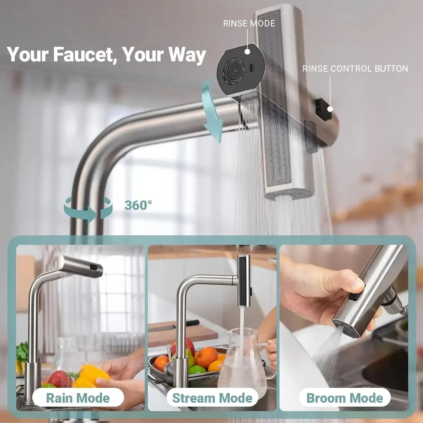 Grey/Silver Pull Out Kitchen Faucet, Flexible Hot and Cold Water Kitchen Sink Mixer Faucet Deck Mounted with Stream Shower Mode