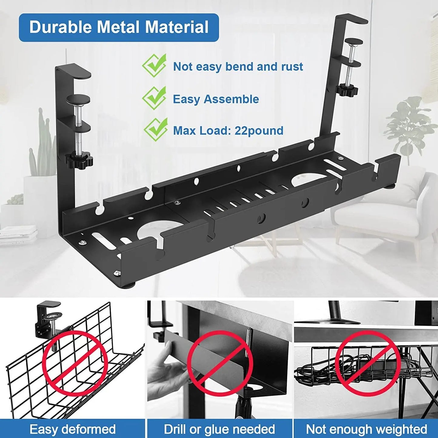Telescopic Under Table Storage Rack Metal Cable Management Tray Home Office Desk Wire Organizer No Punching Storage Accessories